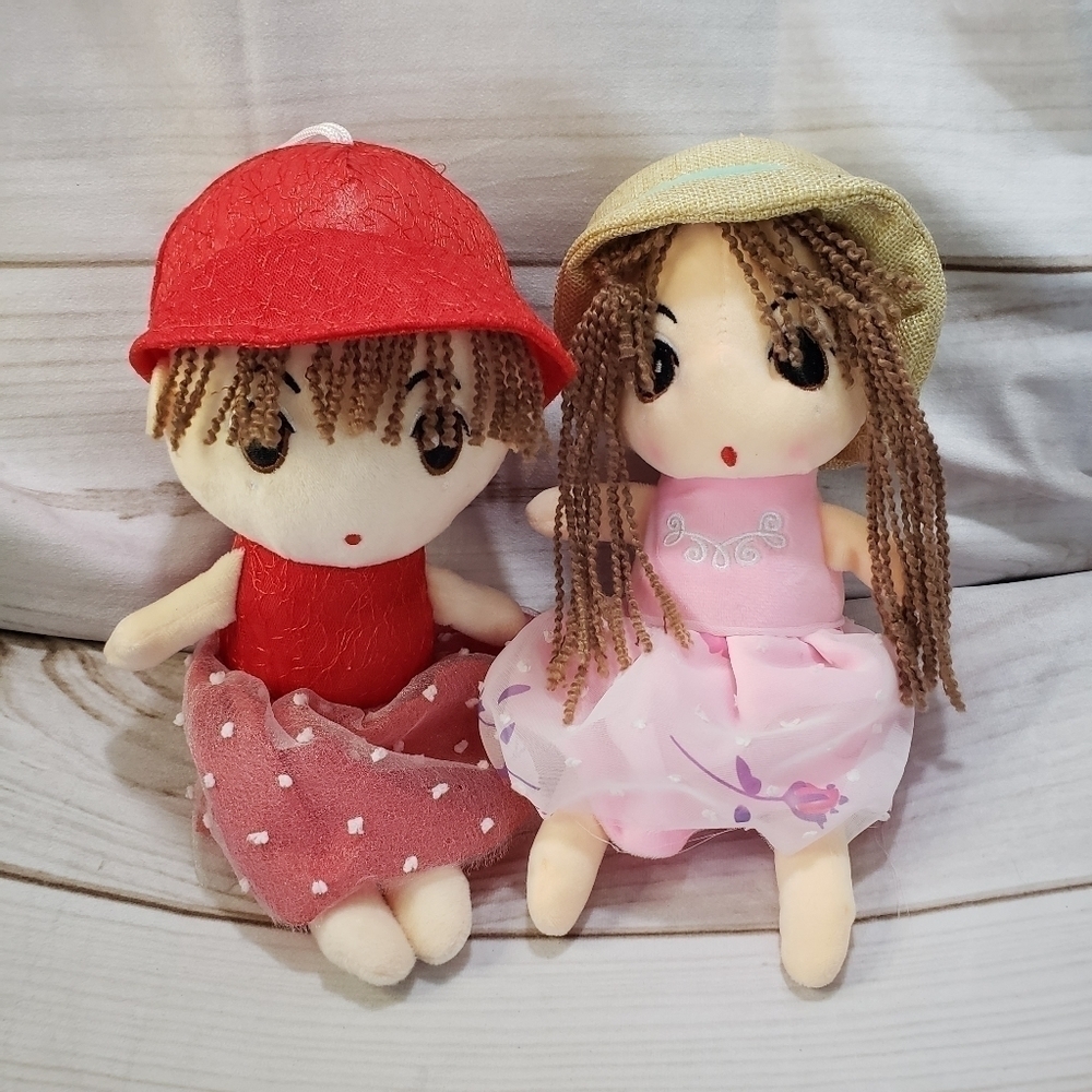 Kawaii Anime Plush Girl Dolls Set Of 2 Pink Red 12" Embroidered